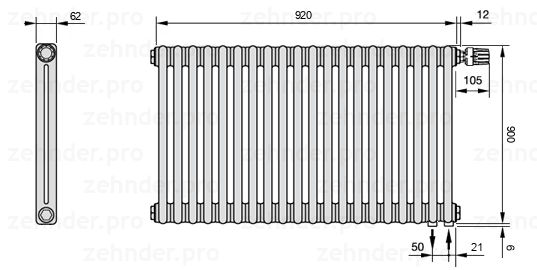 Схема (чертеж) Радиатор Zehnder Charleston 2090/20 №V002 Белый глянцевый RAL 9016